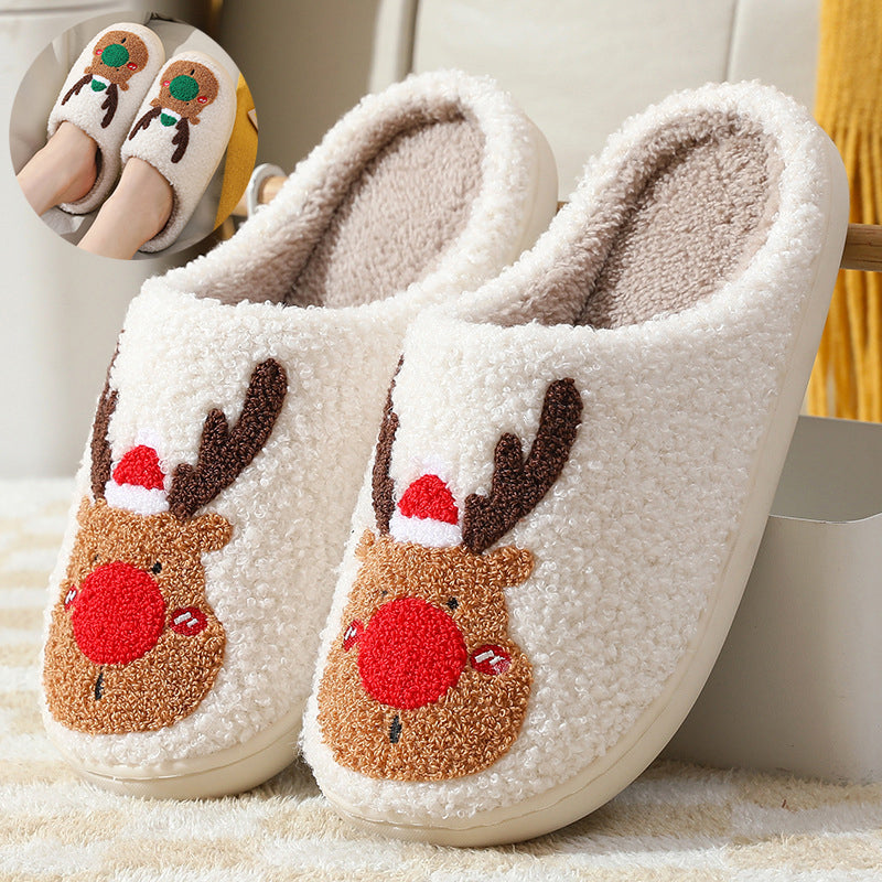 Cozy Elk Plush Slippers – Warm Non-Slip Christmas House Shoes – Front view