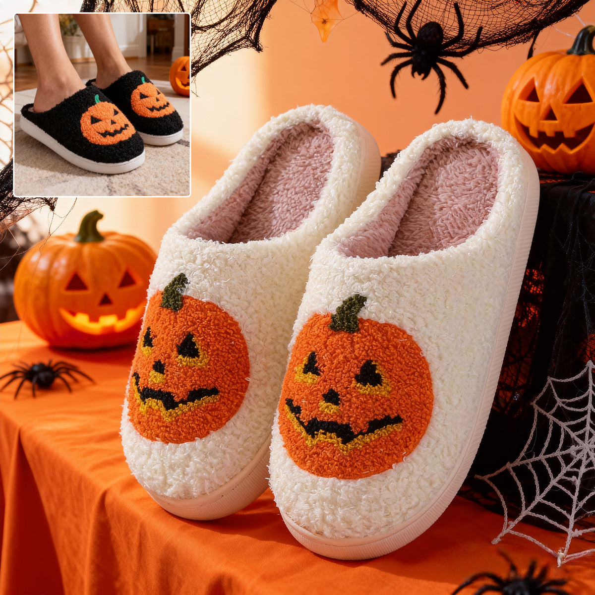 Pumpkin Cartoon Slippers – Warm Non-Slip Couples House Shoes – Front view