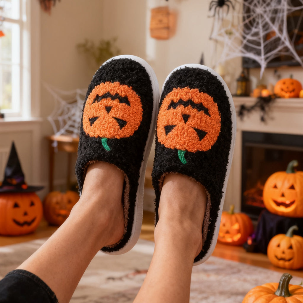 Pumpkin Cartoon Slippers – Warm Non-Slip Couples House Shoes – Side view