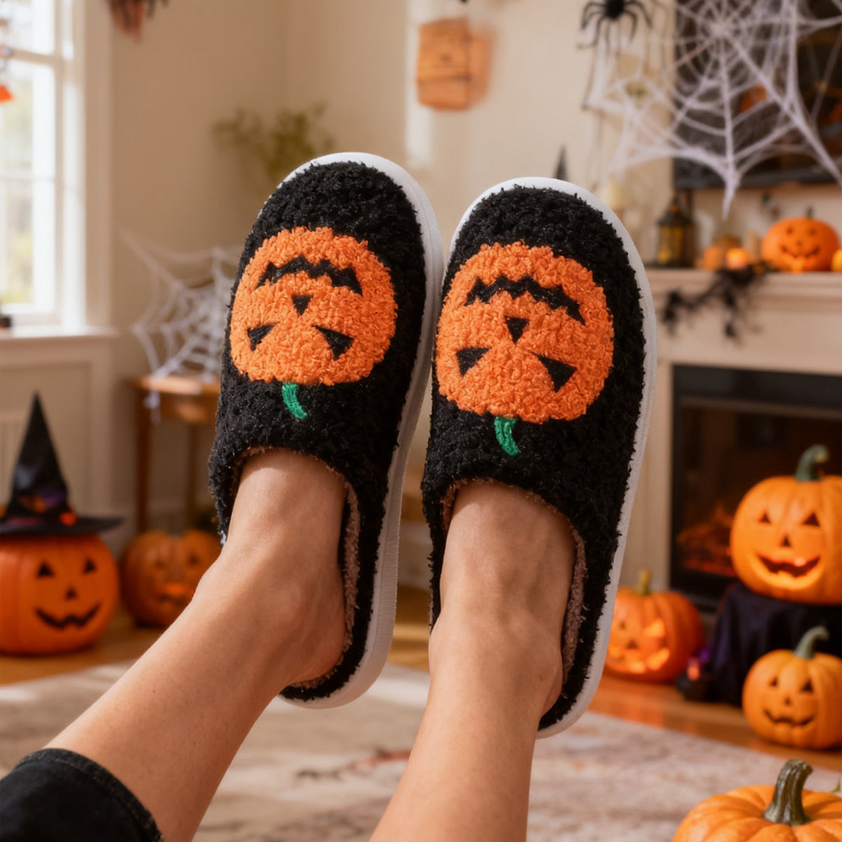 Pumpkin Cartoon Slippers – Warm Non-Slip Couples House Shoes – Side view