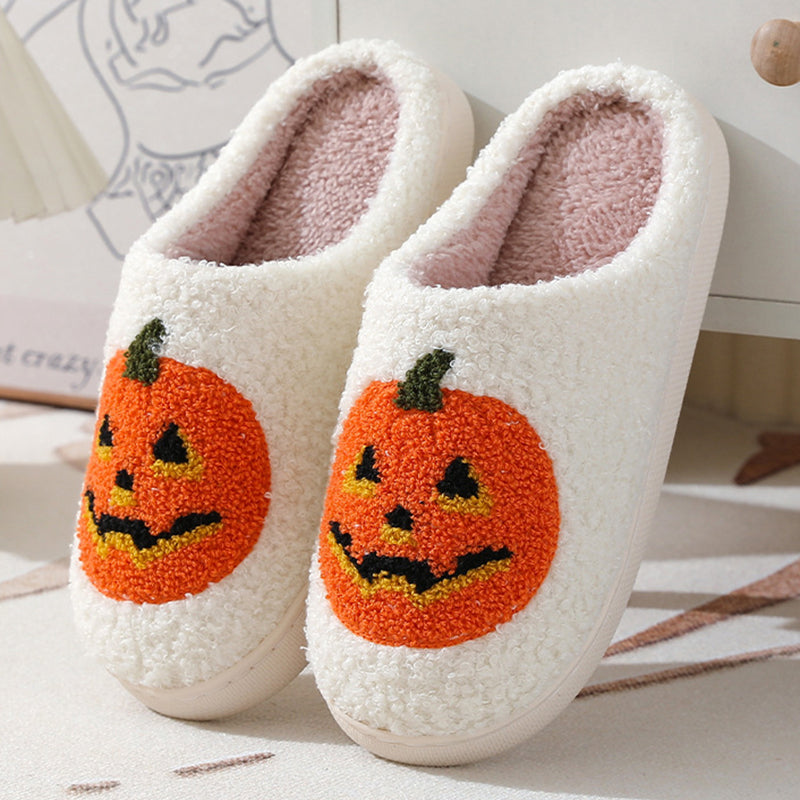 Pumpkin Cartoon Slippers – Warm Non-Slip Couples House Shoes – On-foot view