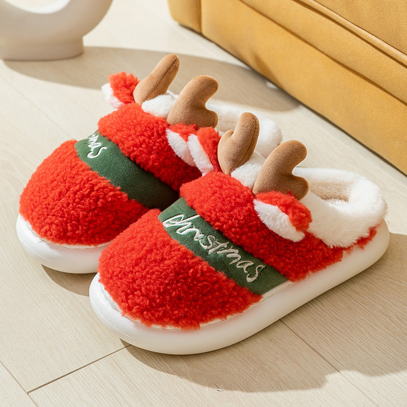 Suede Elk Slippers for Couples – Cozy Candy-Color Winter House Shoes – Front view