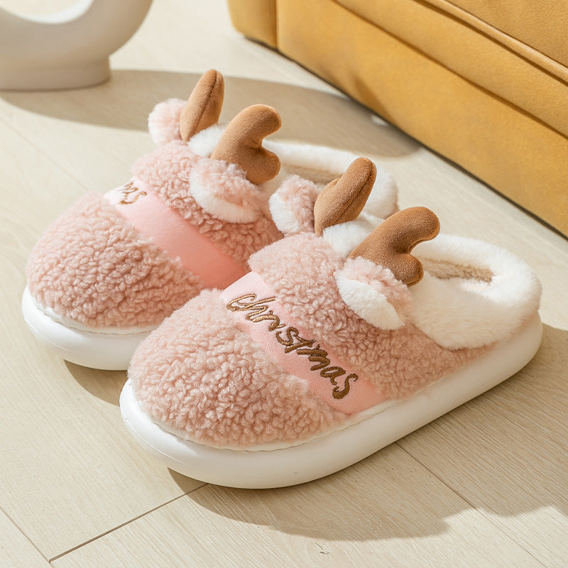 Suede Elk Slippers for Couples – Cozy Candy-Color Winter House Shoes – Front view