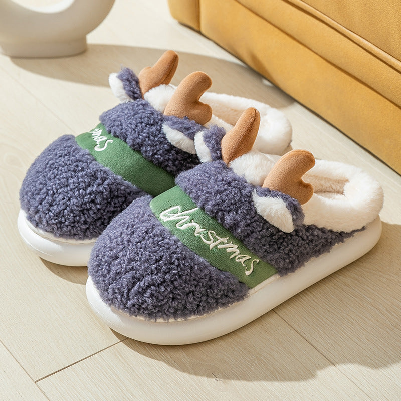Suede Elk Slippers for Couples – Cozy Candy-Color Winter House Shoes – Side view