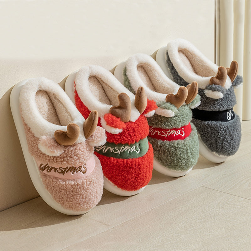 Suede Elk Slippers for Couples – Cozy Candy-Color Winter House Shoes – Side view