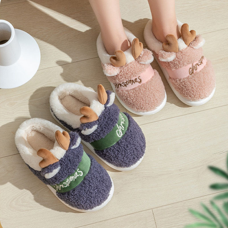 Suede Elk Slippers for Couples – Cozy Candy-Color Winter House Shoes – Full product view