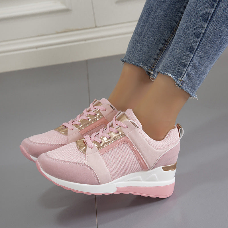 Women's Platform Wedge Sneakers – Lace-Up Mesh Casual Walking Shoes – On-foot view