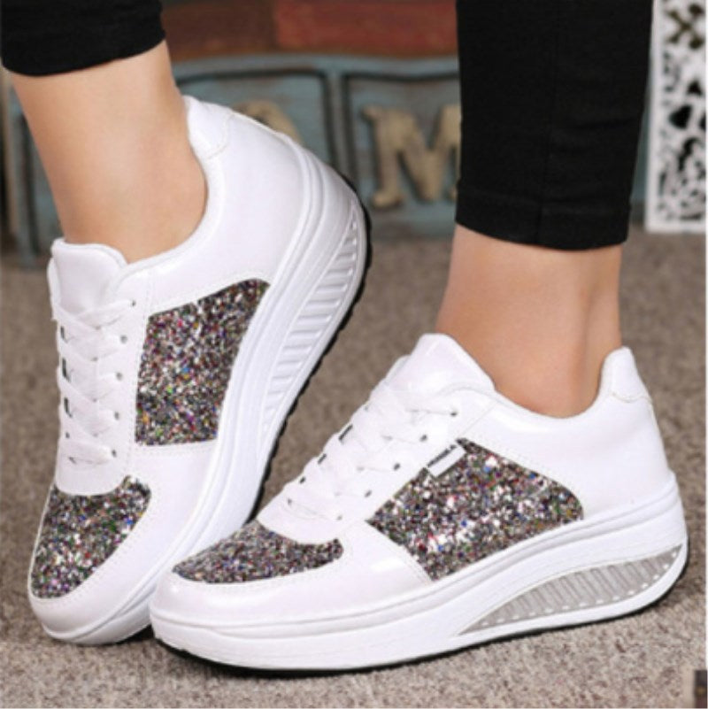 Women's Sequin High-Top Sneakers – Sparkly Glitter Canvas Shoes – Front view